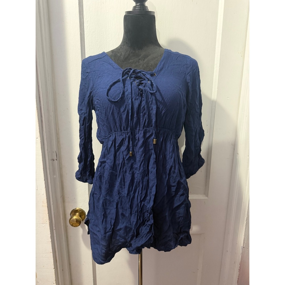Times Two Navy Long Sleeve Maternity Top Lace Up V-Neck Empire Waist Tunic M